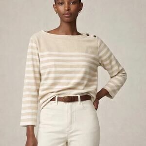 J. Crew Mariner Cloth Striped Boatneck T-Shirt Beechwood Dusty Ivory Women S NWT